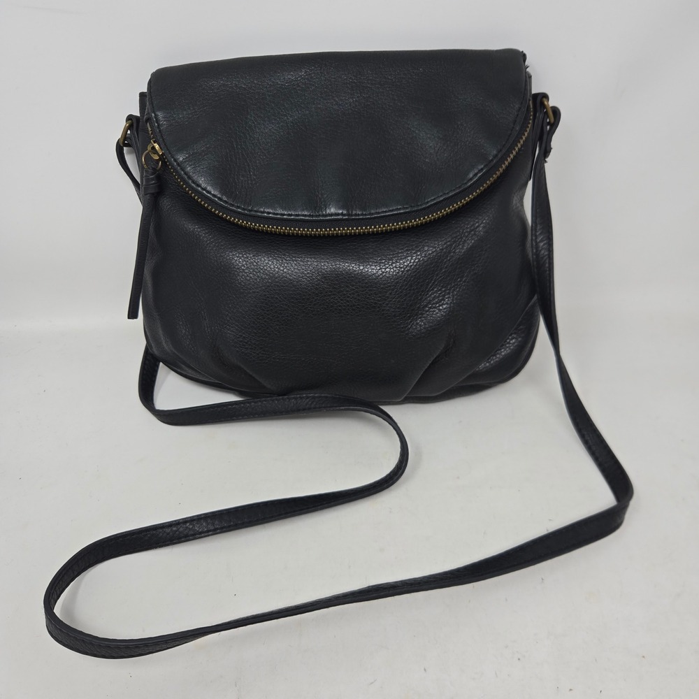 Margot Black Pebbled Leather Crossbody Hobo Bag Foldover Flap Purse